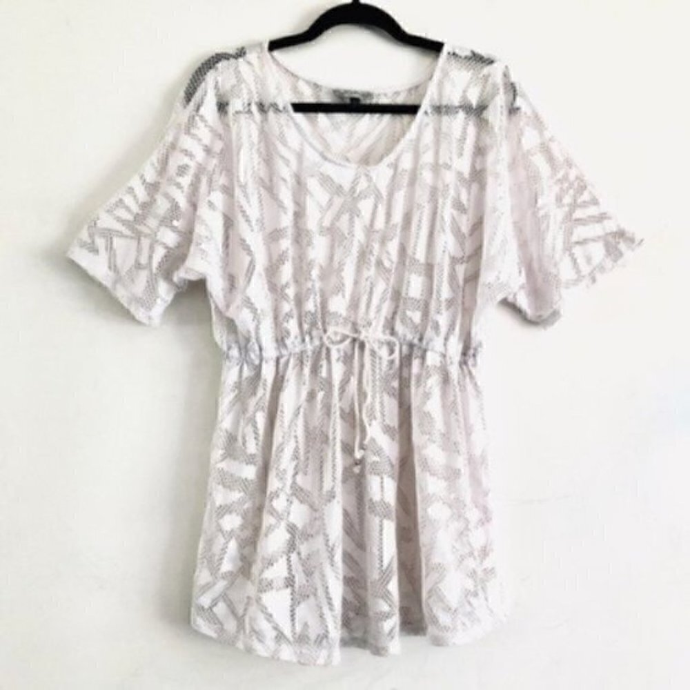 J. Valdi Swim Cover Up M White Knit Geometric Beach Pool Vacation See Through